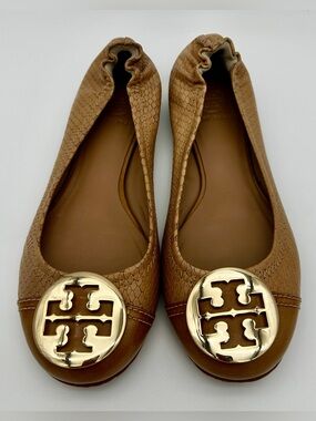 TORY BURCH Reva Beige Ballet Flat Snake Cap Toe Metal Size 8